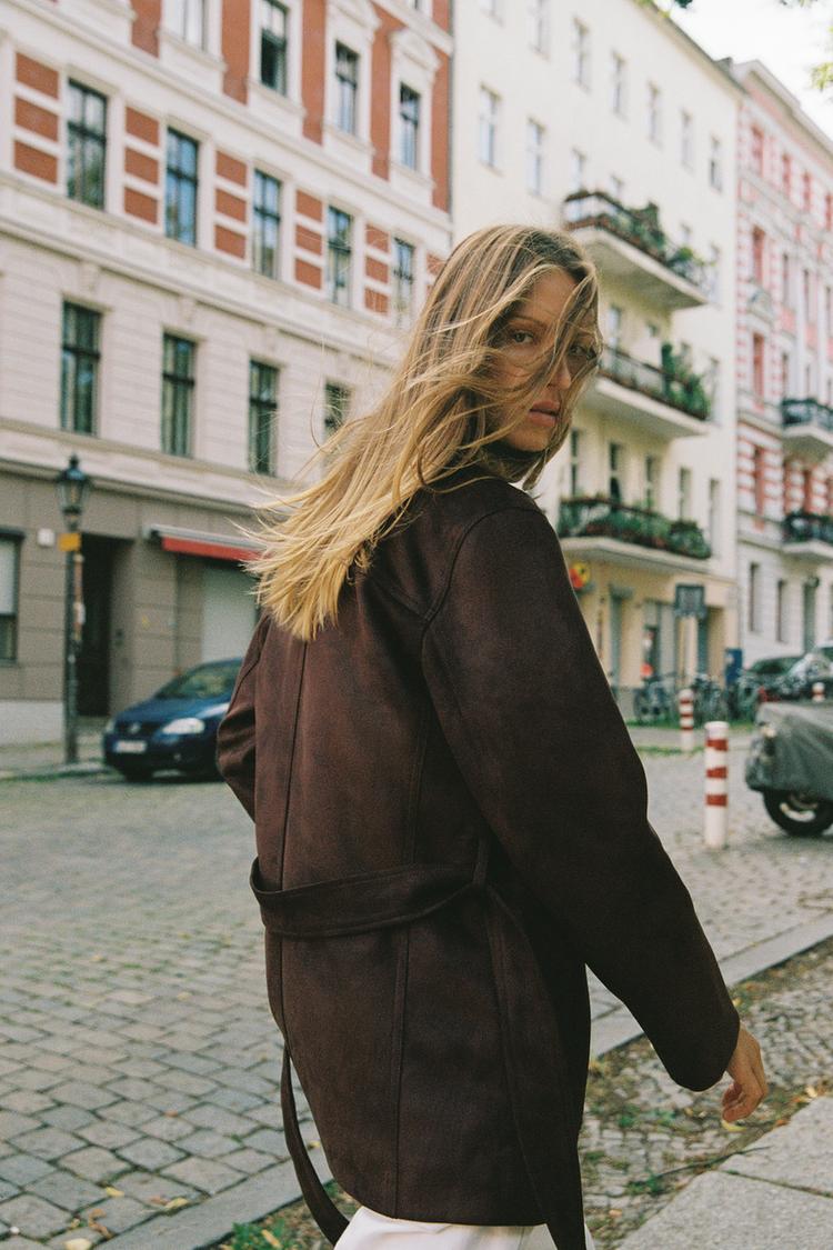 Suede Effect Belted Jacket.