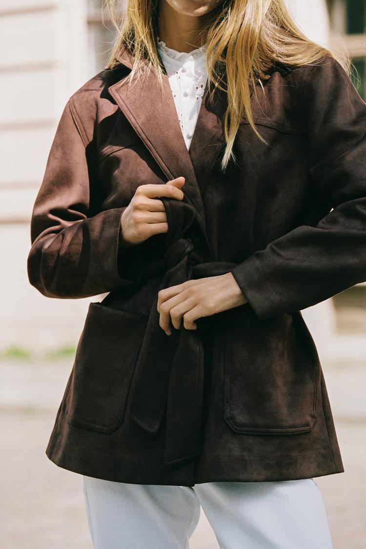 Suede Effect Belted Jacket.