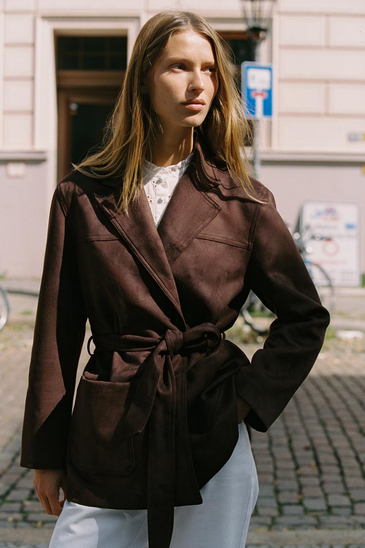 Suede Effect Belted Jacket.