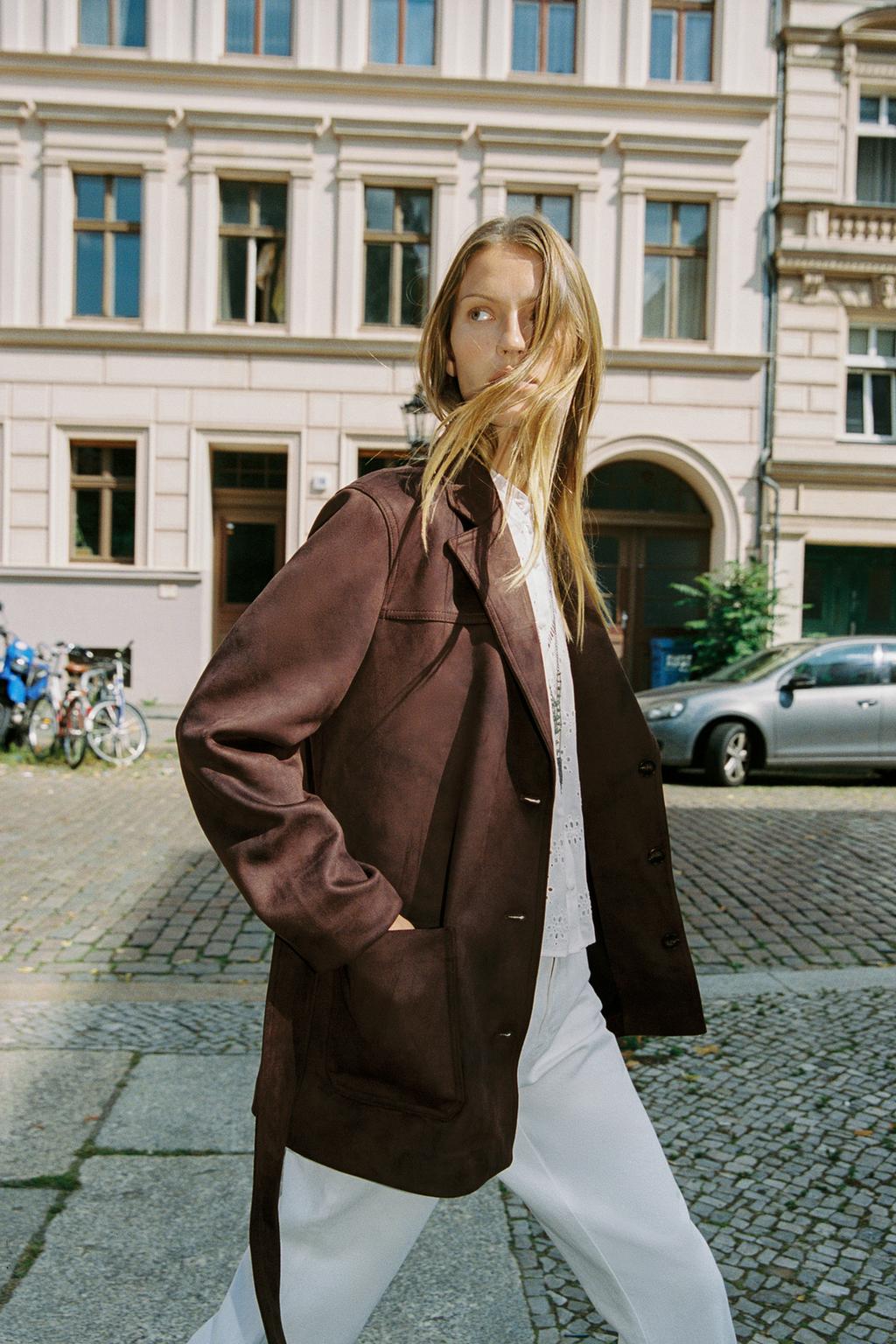 Suede Effect Belted Jacket.