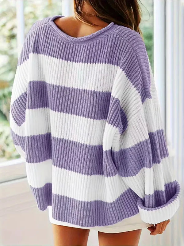 Women’s Oversized Striped Knit Sweater – Long Sleeve Crewneck