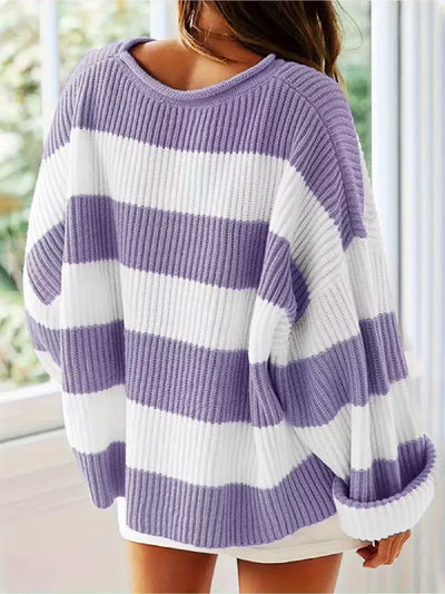 Women’s Oversized Striped Knit Sweater – Long Sleeve Crewneck
