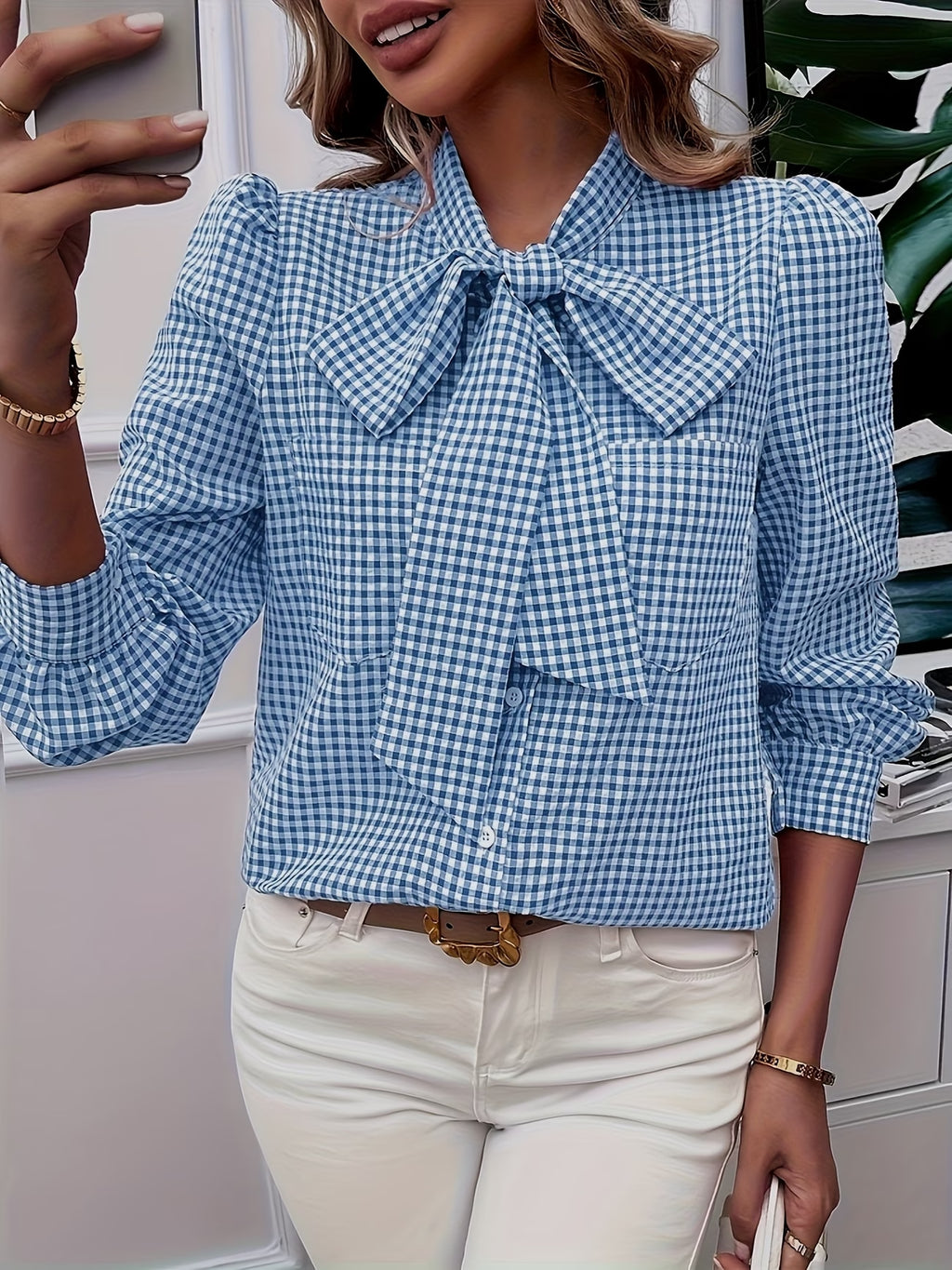 Chic Gingham Bow Shirt