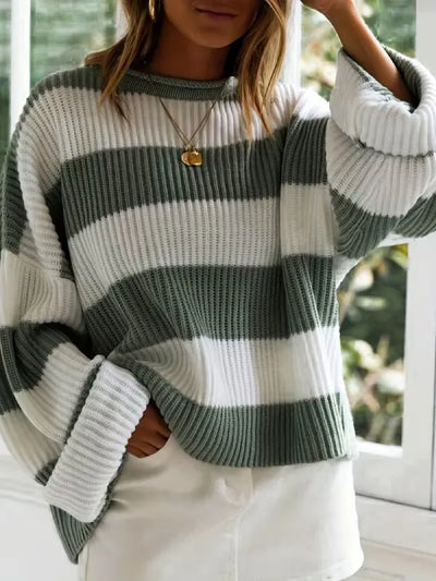 Women’s Oversized Striped Knit Sweater – Long Sleeve Crewneck