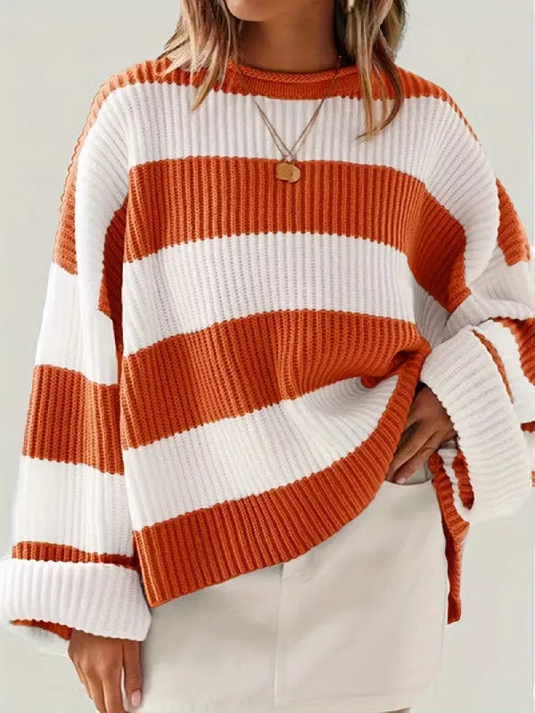 Women’s Oversized Striped Knit Sweater – Long Sleeve Crewneck