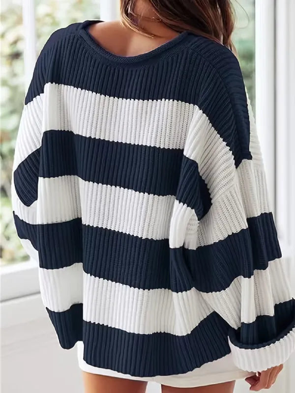 Women’s Oversized Striped Knit Sweater – Long Sleeve Crewneck