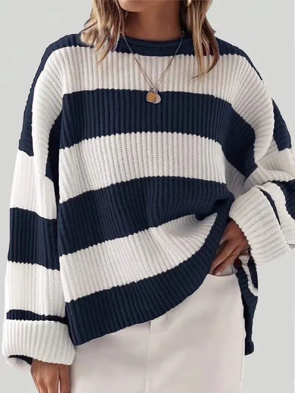 Women’s Oversized Striped Knit Sweater – Long Sleeve Crewneck