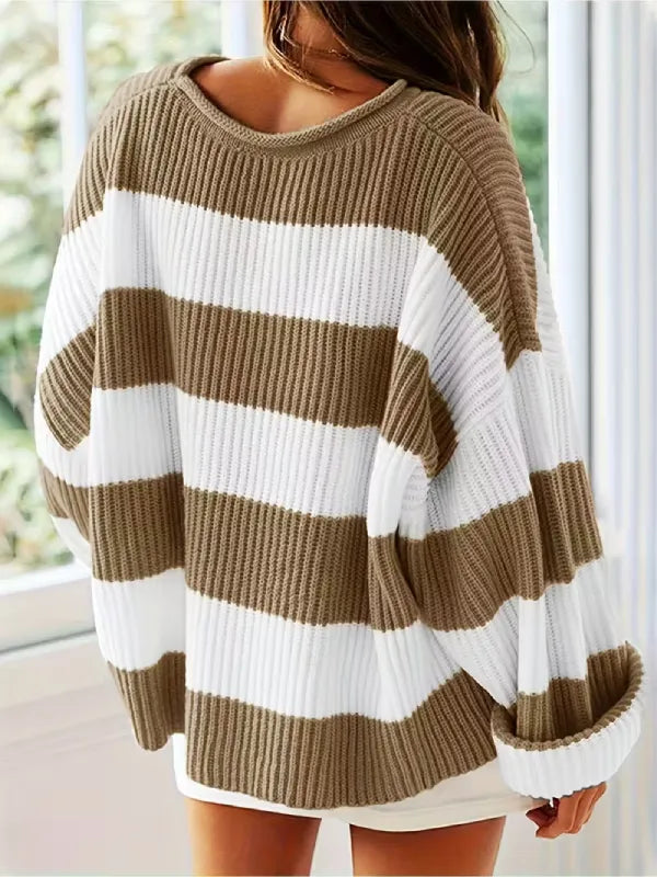 Women’s Oversized Striped Knit Sweater – Long Sleeve Crewneck