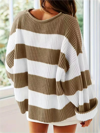 Women’s Oversized Striped Knit Sweater – Long Sleeve Crewneck