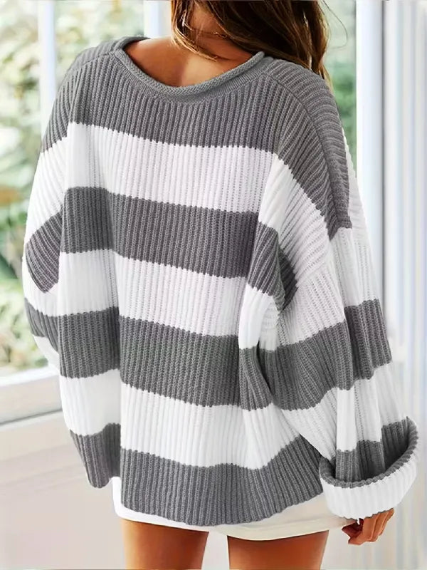 Women’s Oversized Striped Knit Sweater – Long Sleeve Crewneck