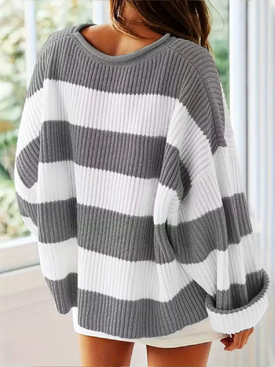 Women’s Oversized Striped Knit Sweater – Long Sleeve Crewneck