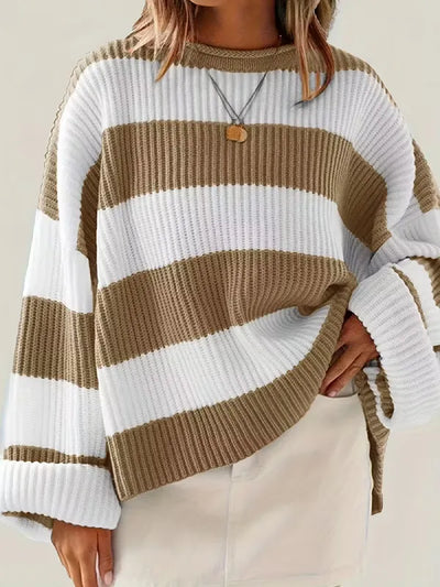 Women’s Oversized Striped Knit Sweater – Long Sleeve Crewneck
