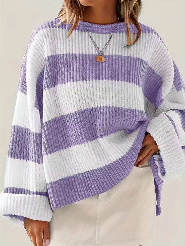 Women’s Oversized Striped Knit Sweater – Long Sleeve Crewneck