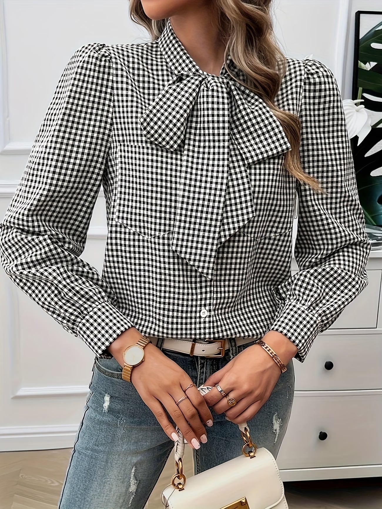 Chic Gingham Bow Shirt