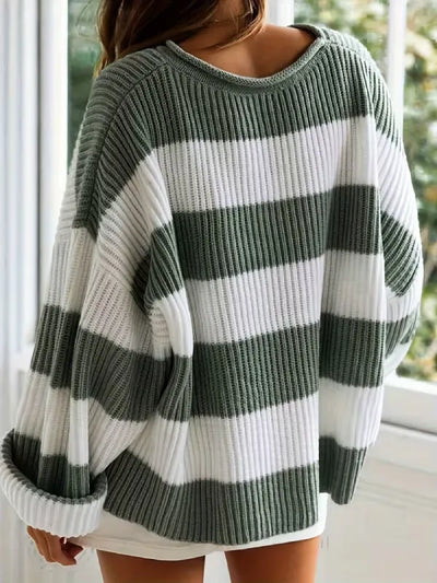 Women’s Oversized Striped Knit Sweater – Long Sleeve Crewneck