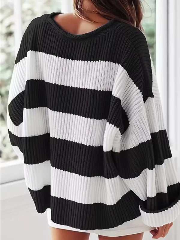 Women’s Oversized Striped Knit Sweater – Long Sleeve Crewneck