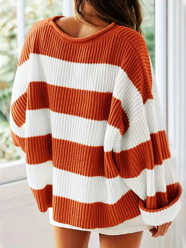 Women’s Oversized Striped Knit Sweater – Long Sleeve Crewneck