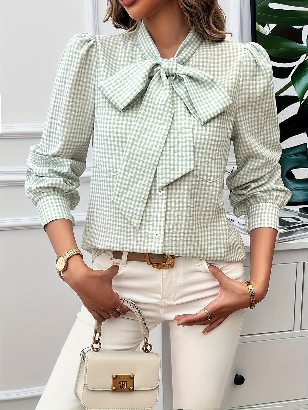Chic Gingham Bow Shirt