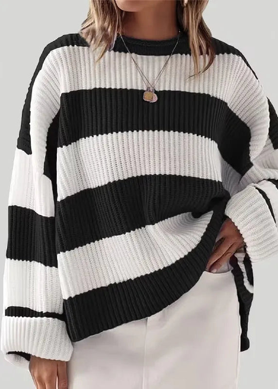 Women’s Oversized Striped Knit Sweater – Long Sleeve Crewneck