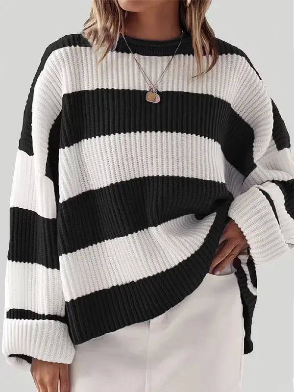 Women’s Oversized Striped Knit Sweater – Long Sleeve Crewneck