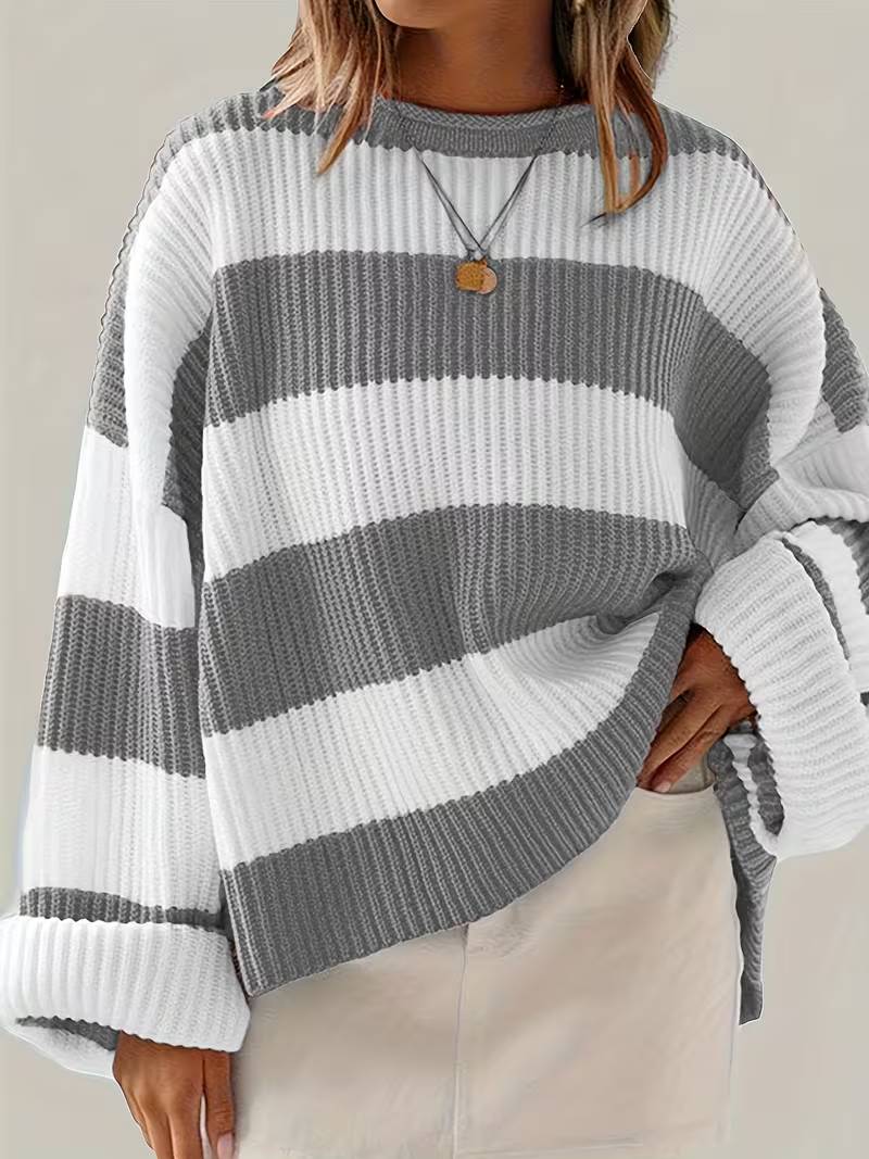 Women’s Oversized Striped Knit Sweater – Long Sleeve Crewneck