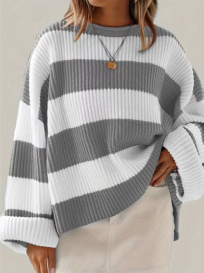 Women’s Oversized Striped Knit Sweater – Long Sleeve Crewneck
