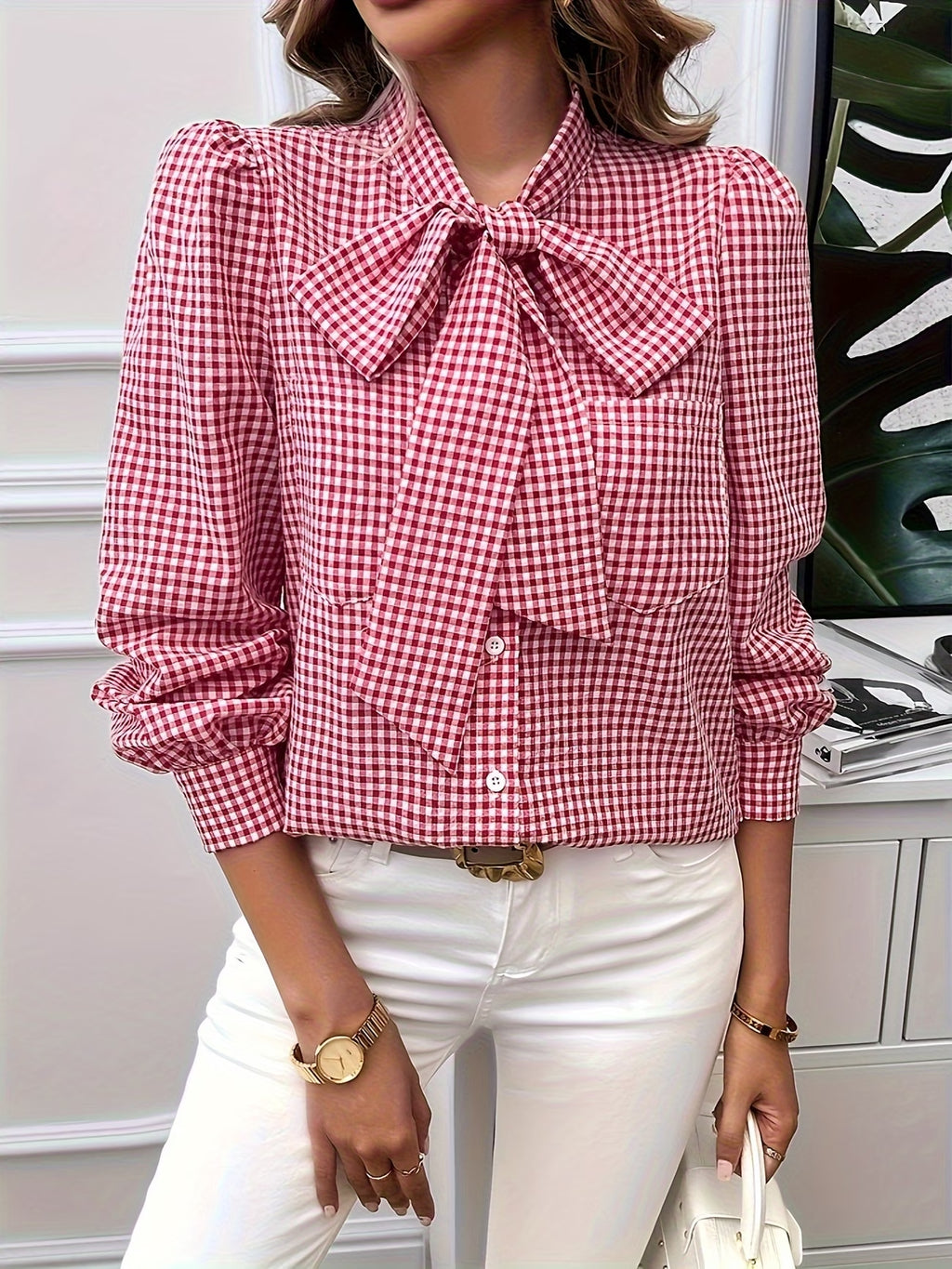 Chic Gingham Bow Shirt